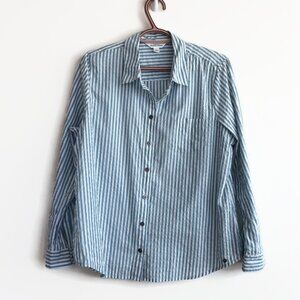 Ladies Button Up Shirt - Blue/White/Silver Stripes -  Size L petite - Cotton